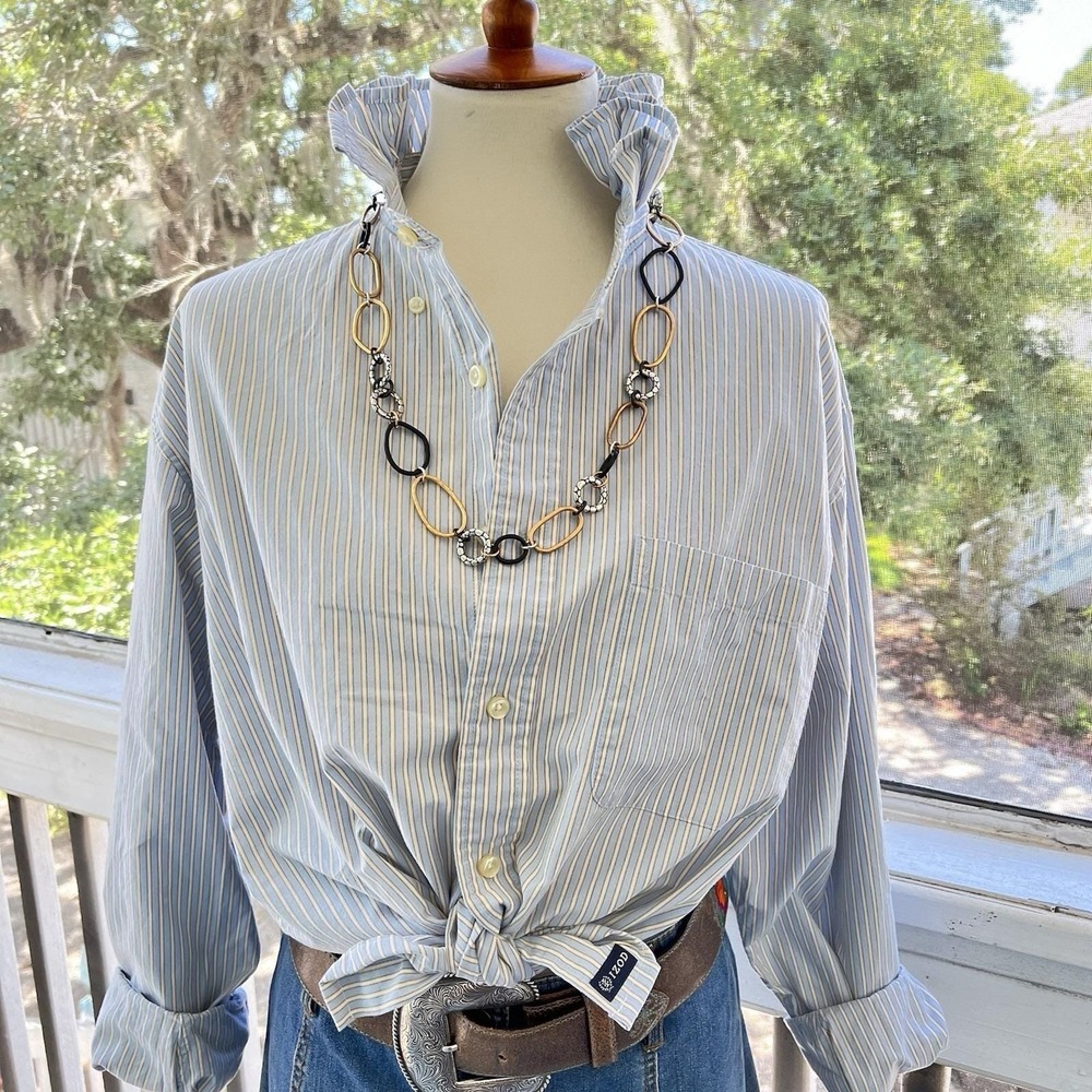 Upcycled Re-worked Izod Sky Blue & Yellow Pinstripe Ruffle Collar Crop Shirt L